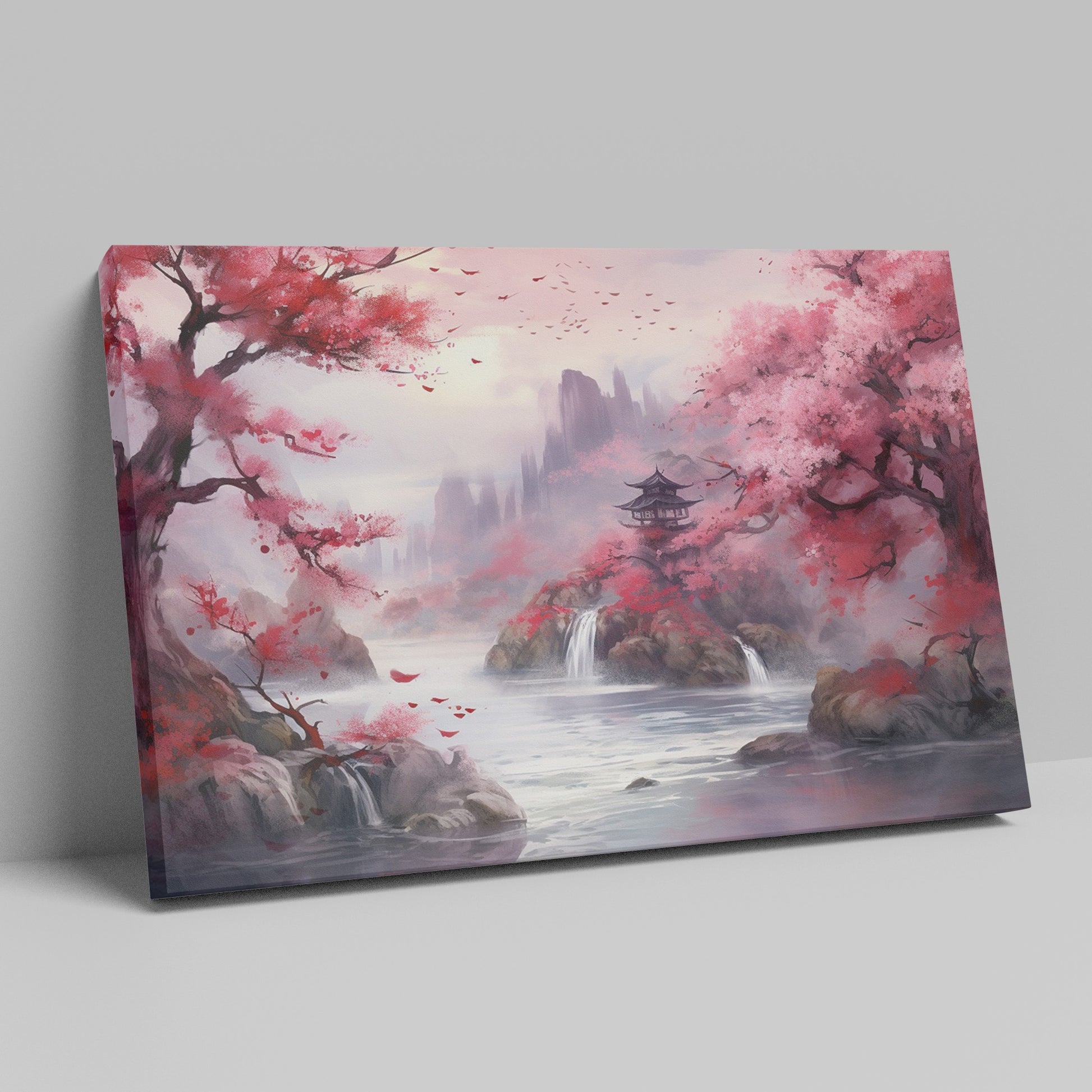 Framed canvas print of a serene oriental landscape with cherry blossoms and a pagoda