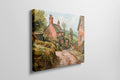 Framed canvas print of a charming English village scene with watercolour cottages in a rustic countryside setting