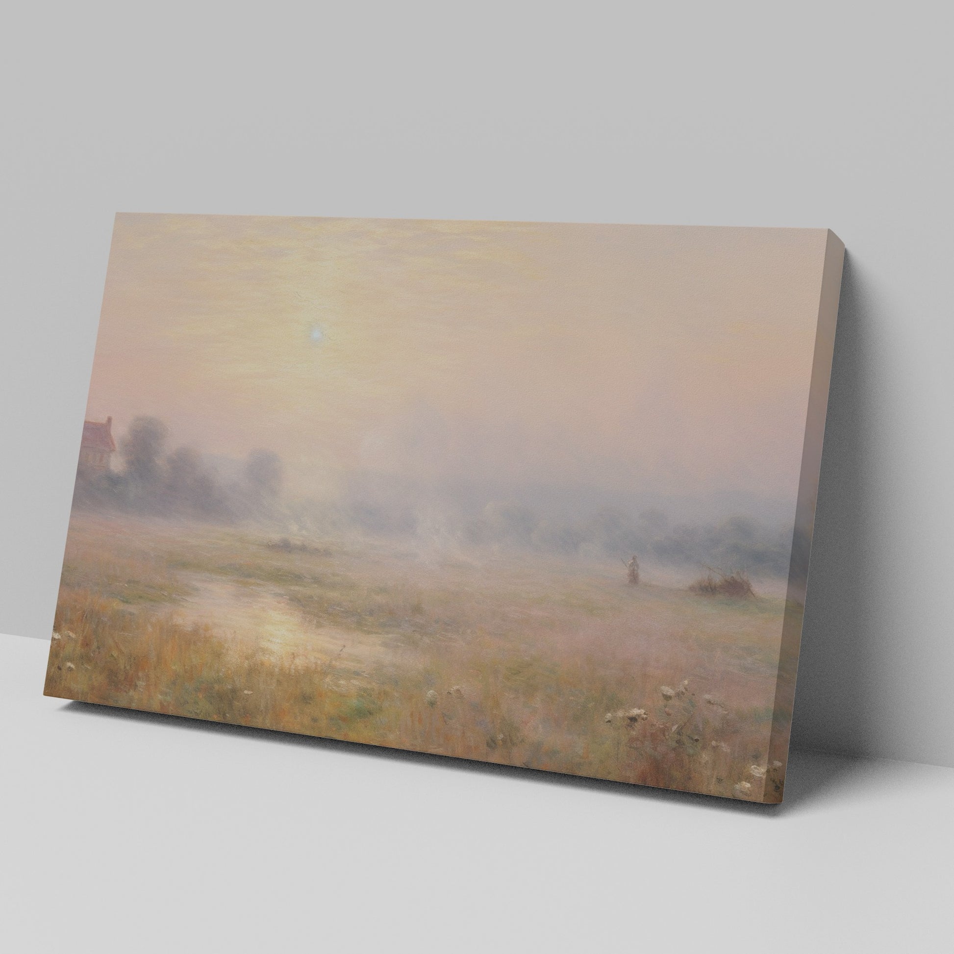 Framed canvas print of a misty countryside meadow with a sunrise and soft pastel colours