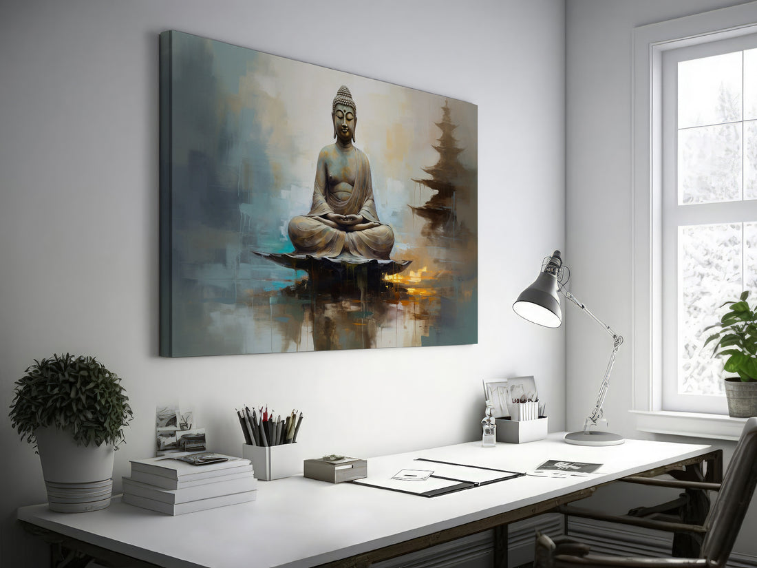 Framed canvas print of a serene Buddha in meditation with warm and earthy tones