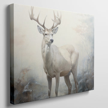 Framed canvas print of a majestic stag in a foggy autumn forest with neutral and warm tones