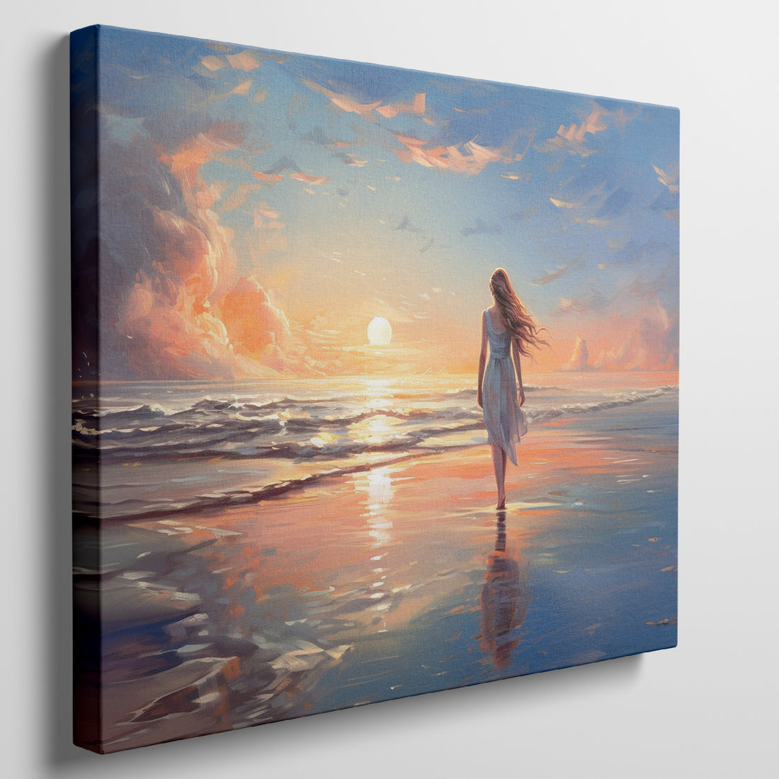 Framed canvas print of a woman walking on the beach at sunset with vibrant skies reflected in the water