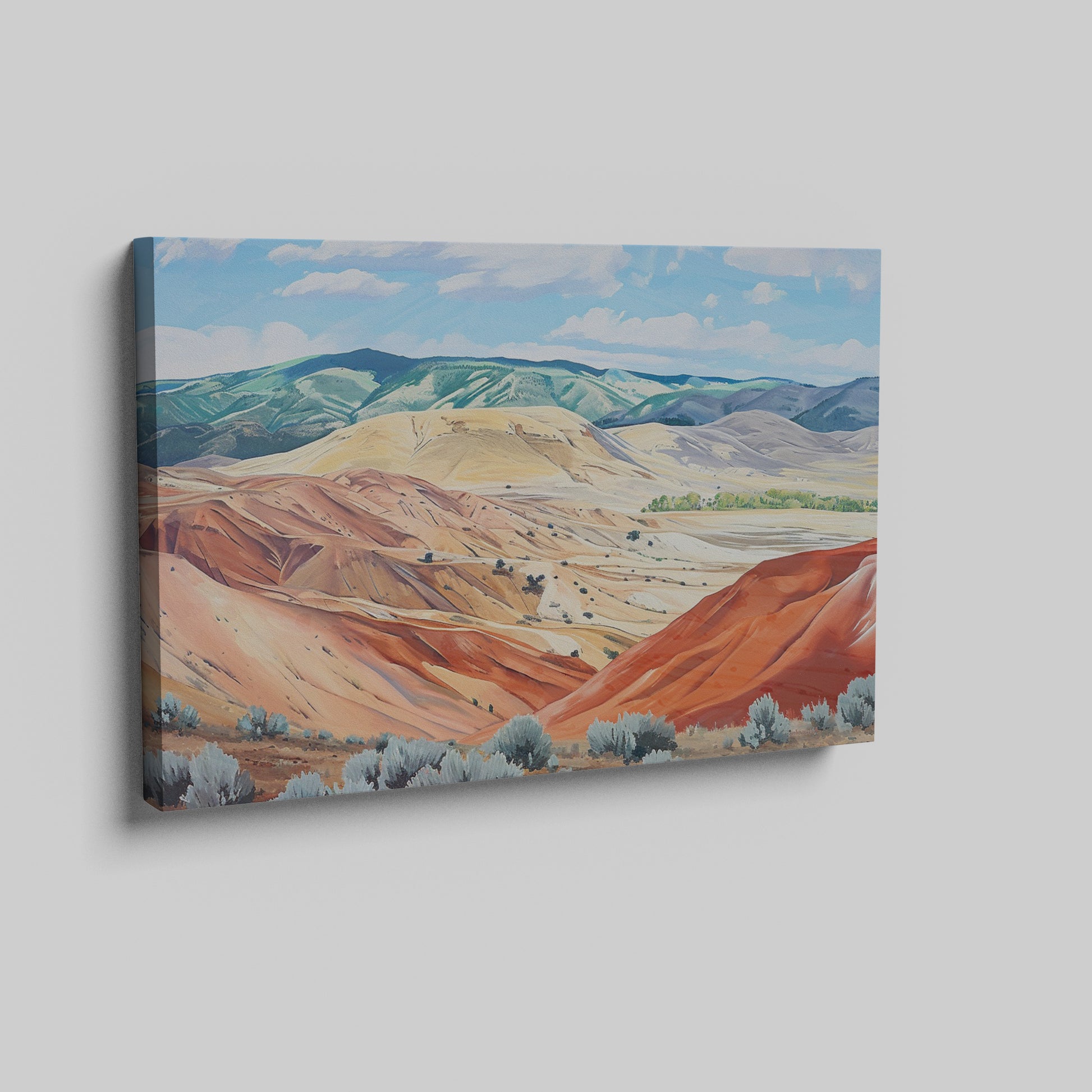 Framed canvas print of a serene and rustic painted hills landscape