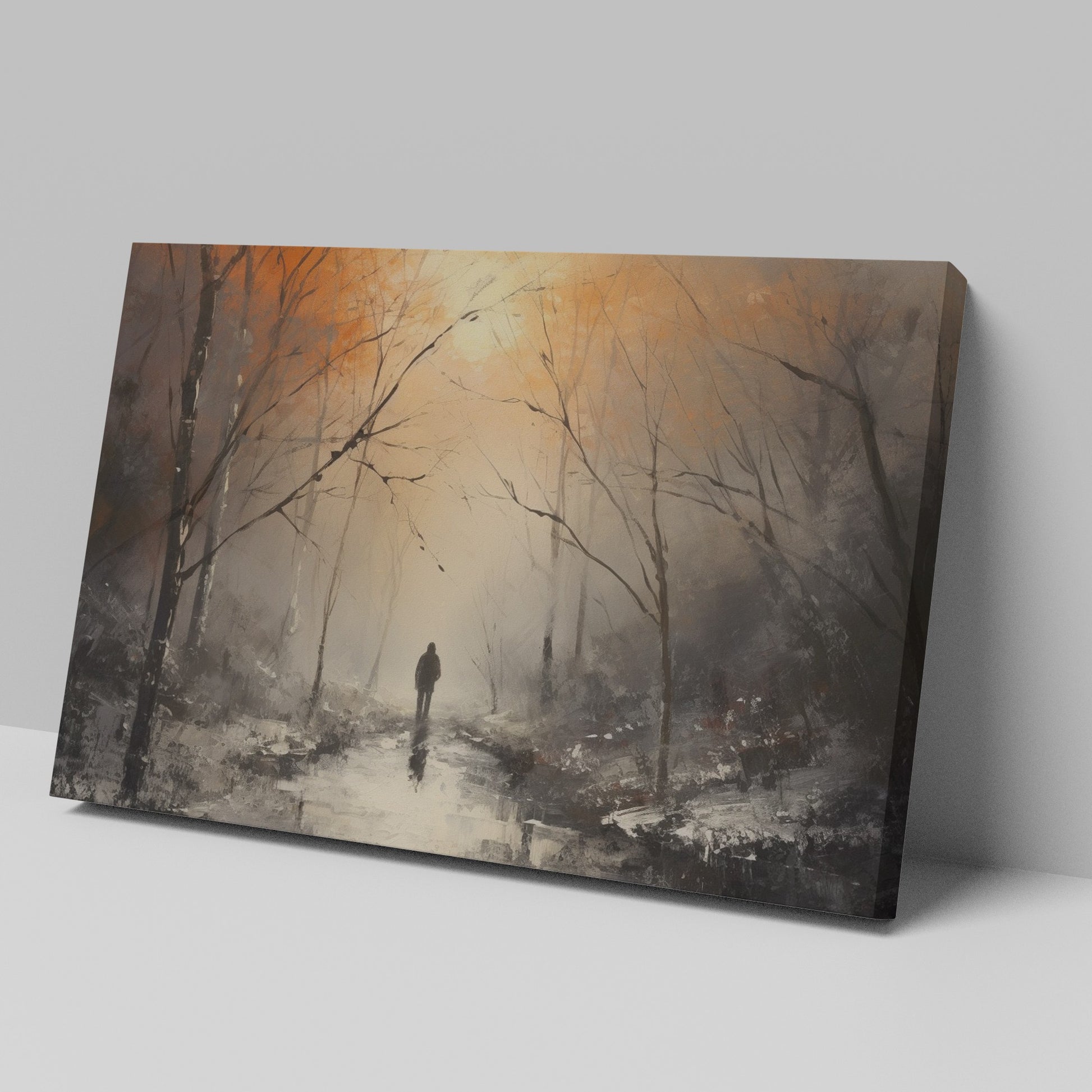 Framed canvas print of a solitary figure walking through a misty, autumnal forest with warm, glowing light