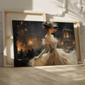 Framed canvas print of an elegant Victorian lady in a dress with Parisian night background