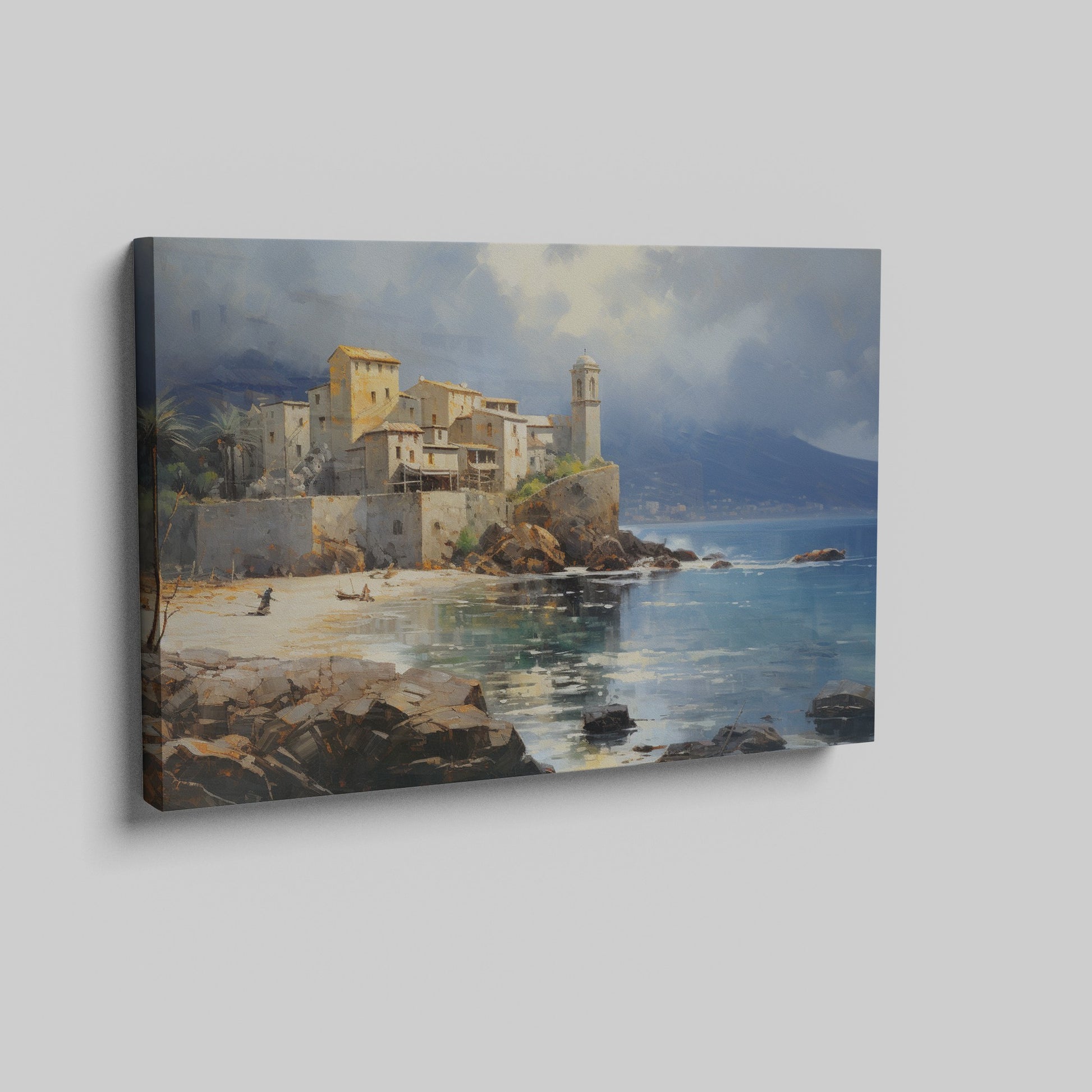 Framed canvas print of a Mediterranean coastal scene with historic buildings and calm blue waters