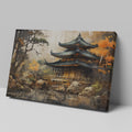 Framed canvas print of an oriental pagoda surrounded by autumn trees and reflection on water