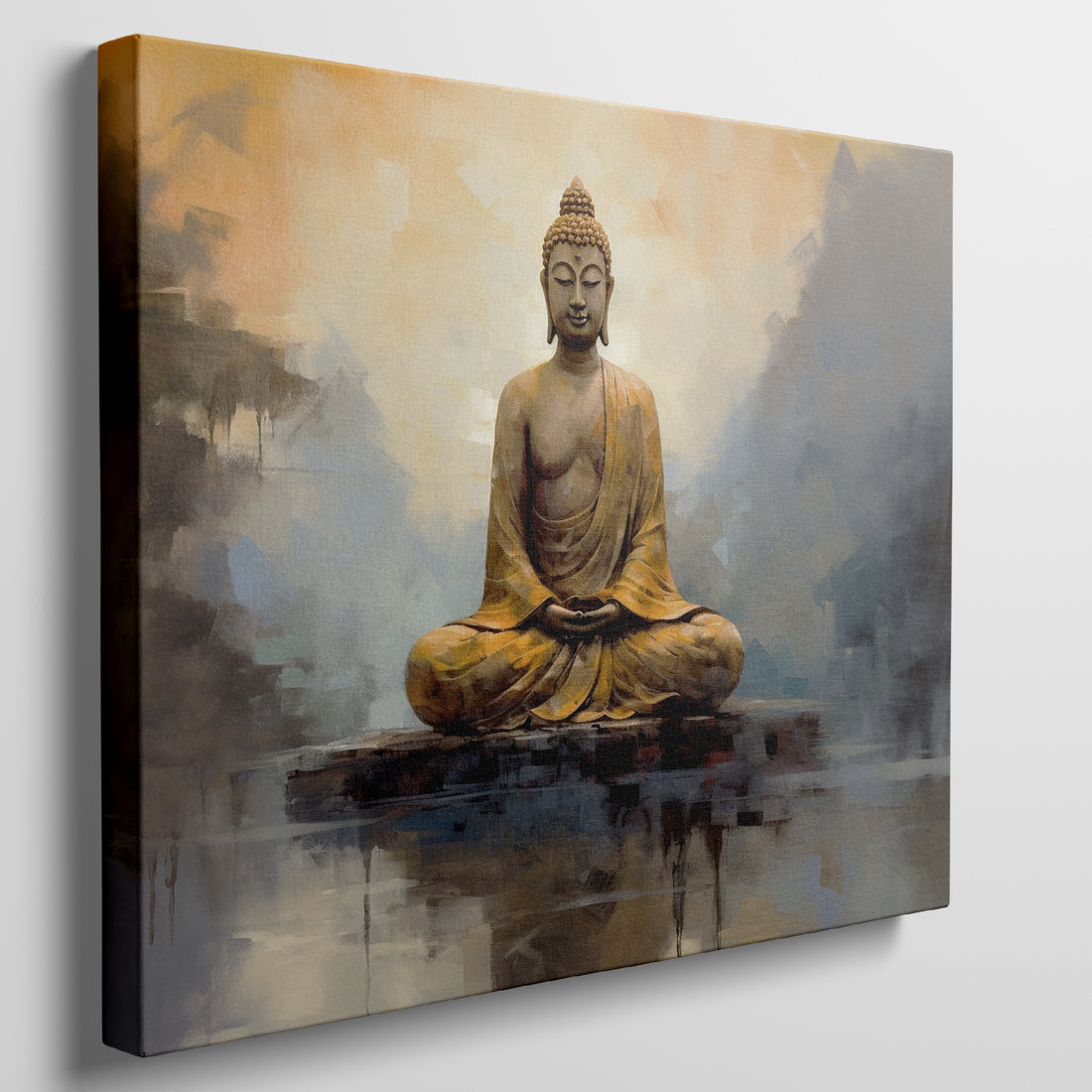 Framed canvas print of a serene Buddha in warm hues with modern brushstrokes