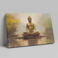 Framed canvas print of serene meditating Buddha in golden hues with reflective background