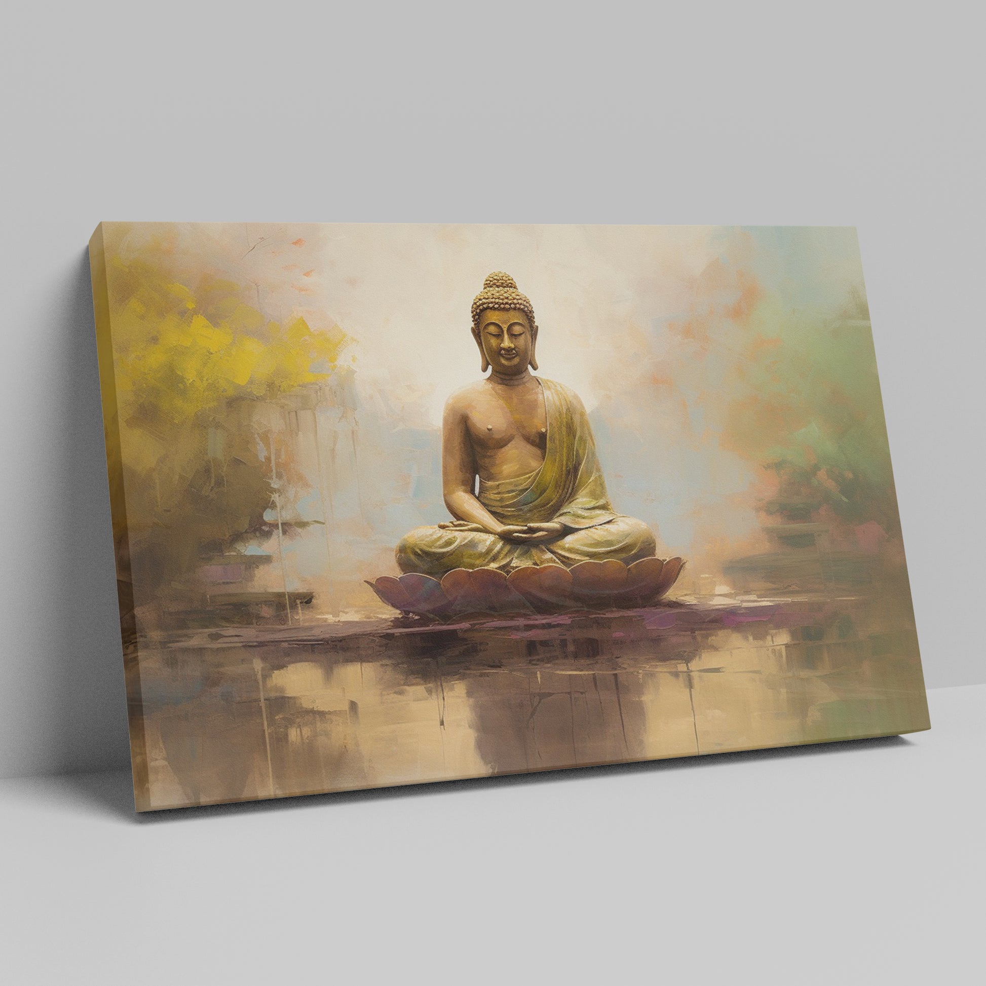 Framed canvas print of serene meditating Buddha in golden hues with reflective background