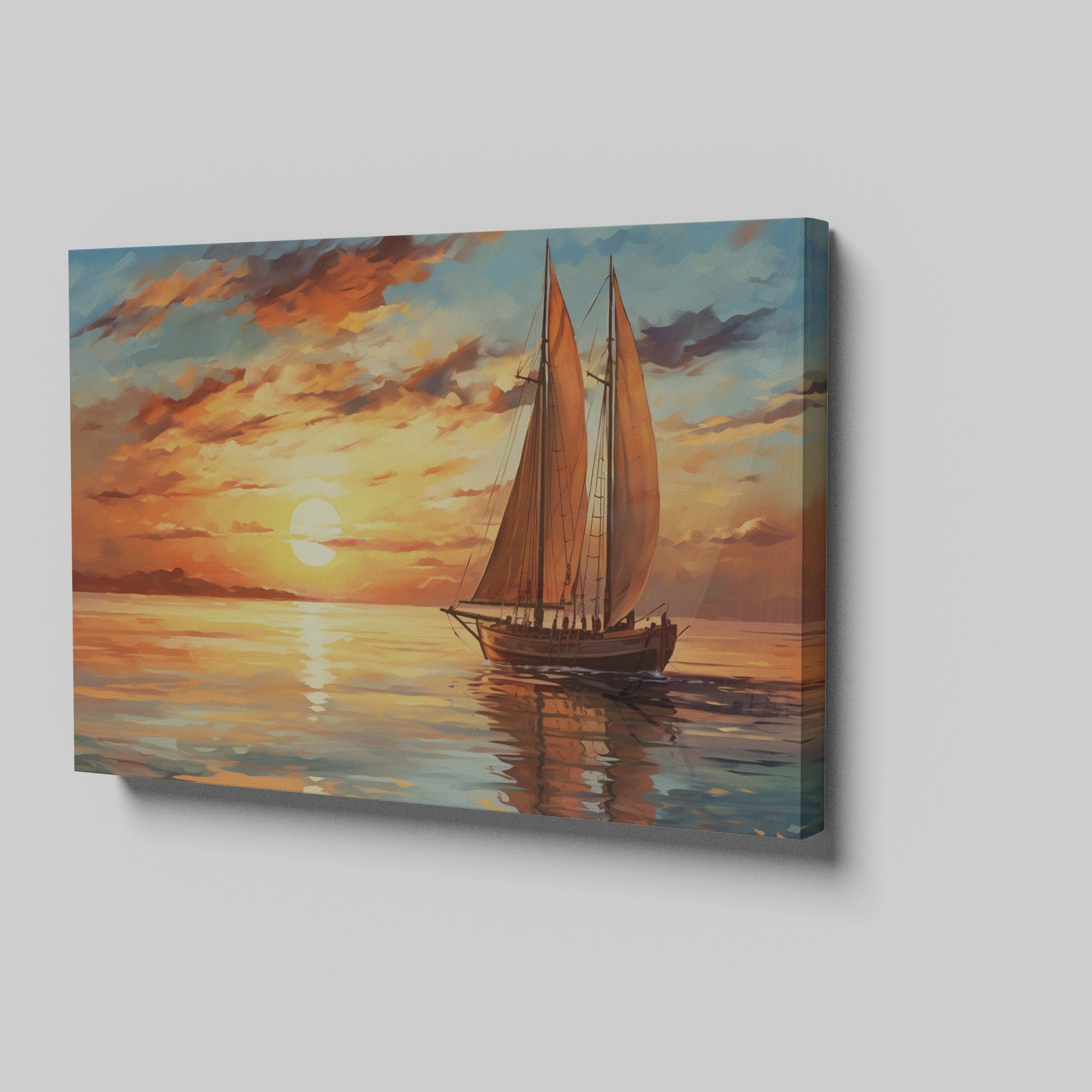 Impressionistic canvas painting of a sailboat at sunset with vivid orange sky and calm sea reflections