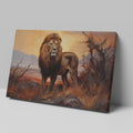 Framed canvas print of a majestic lion in an African savannah sunset