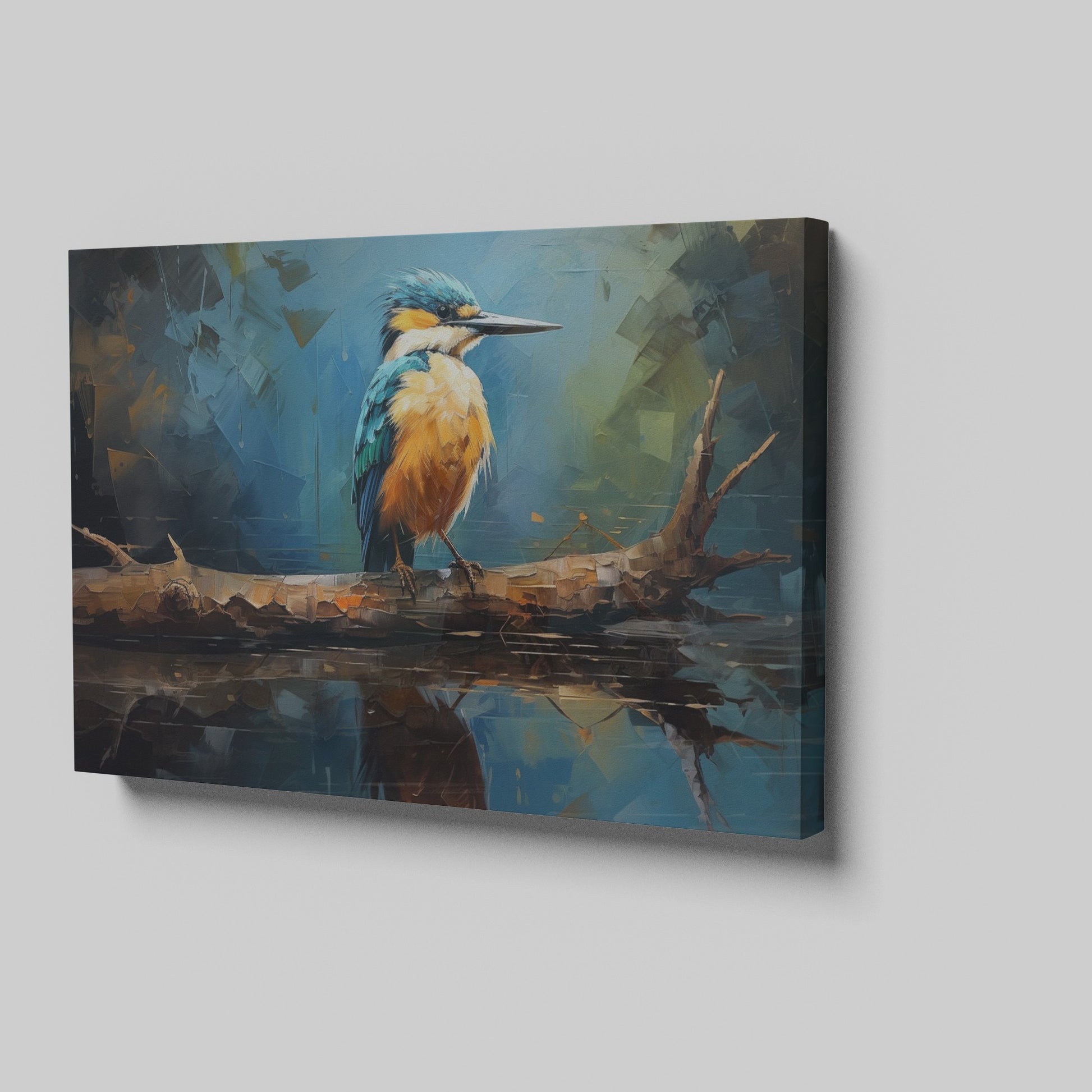 Framed canvas print of a Kingfisher bird with vibrant blue and orange plumage, perched on a branch over reflective water