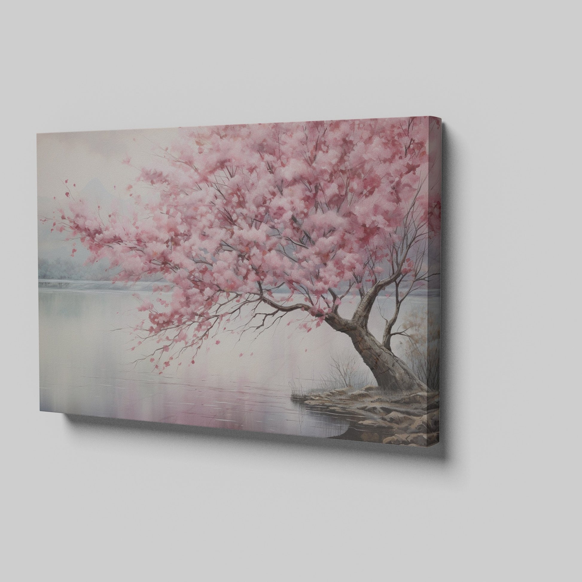 Framed canvas print of a serene cherry blossom tree by a tranquil lake with soft pastels and misty ambience