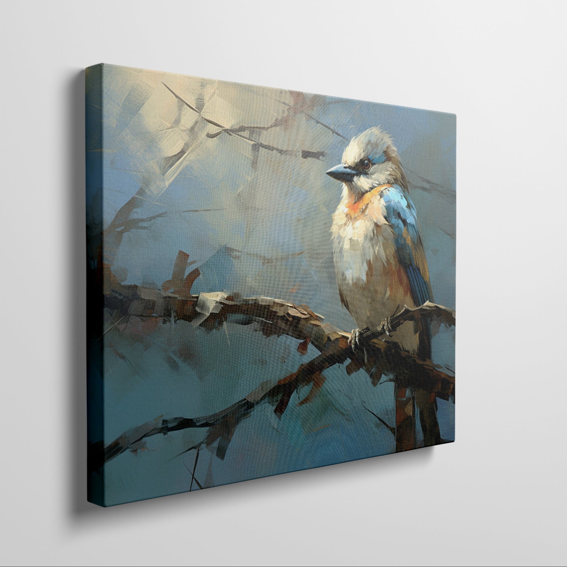 Framed canvas print of a vibrant impressionistic blue bird on a branch with a textured background