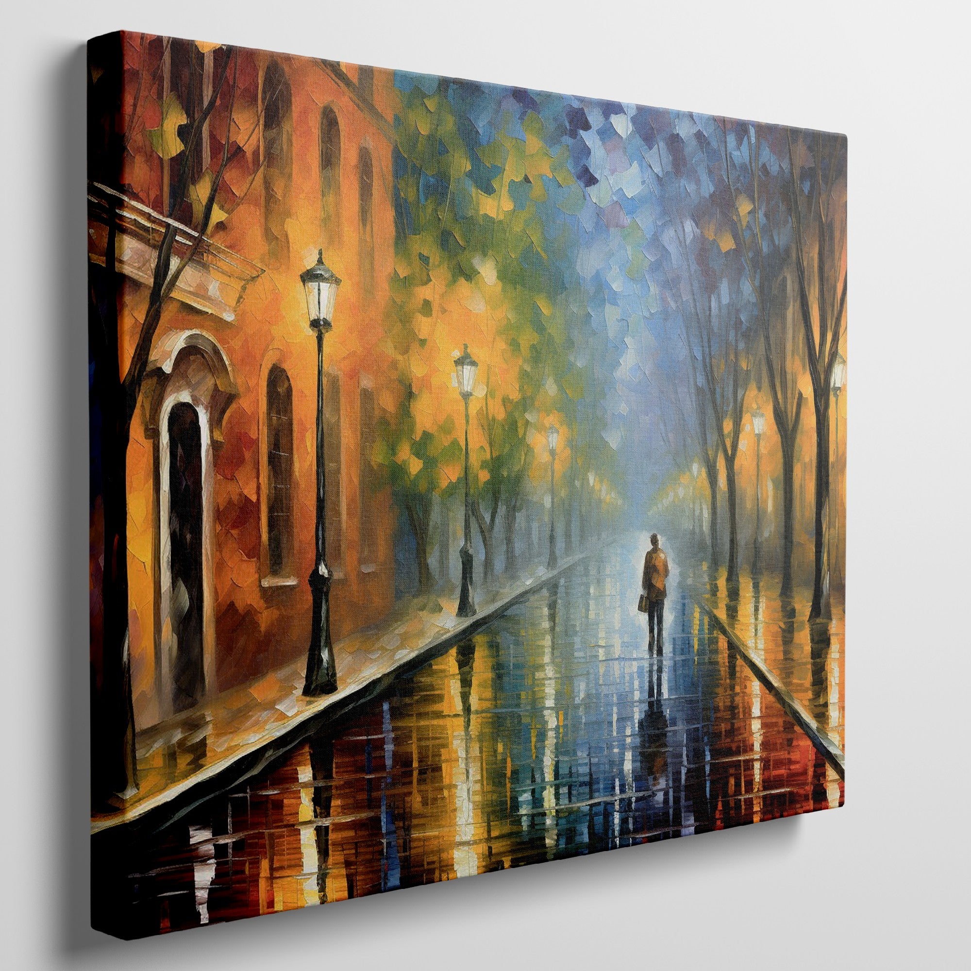 Framed canvas print of a rainy city street scene with vibrant colours and reflections