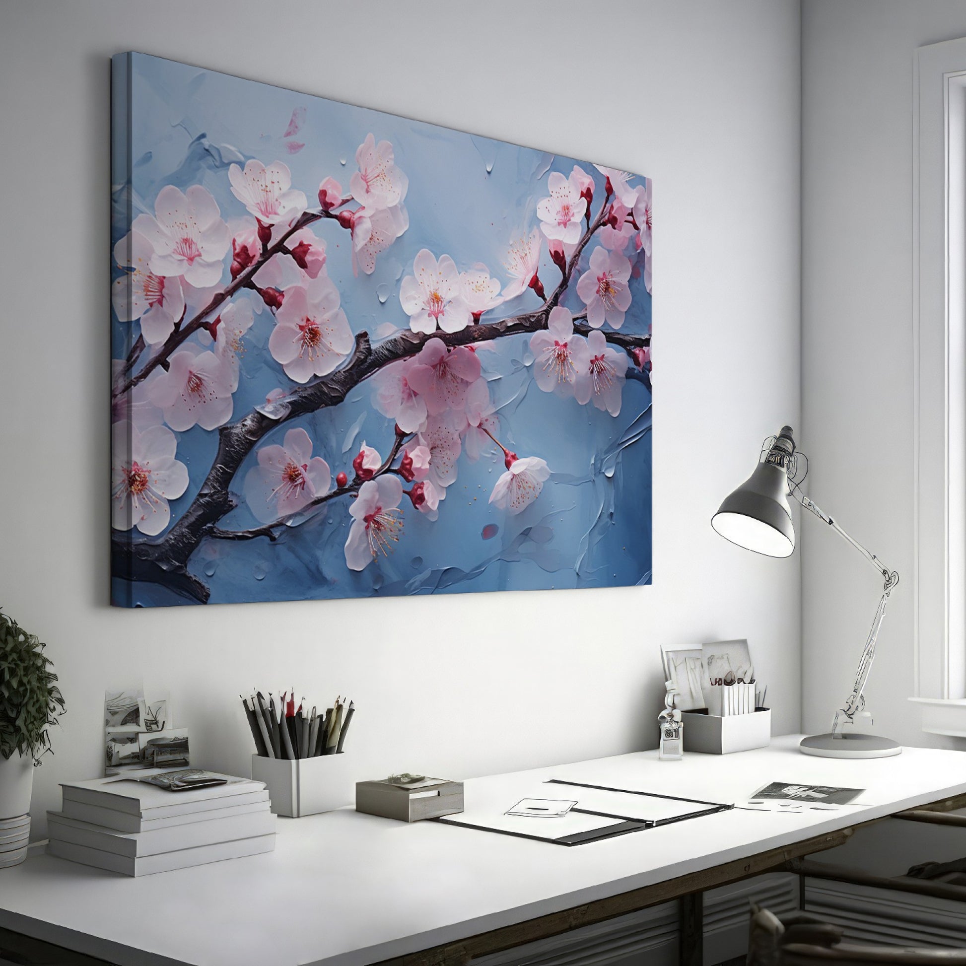 Framed canvas print of cherry blossoms with rain droplets on blue background