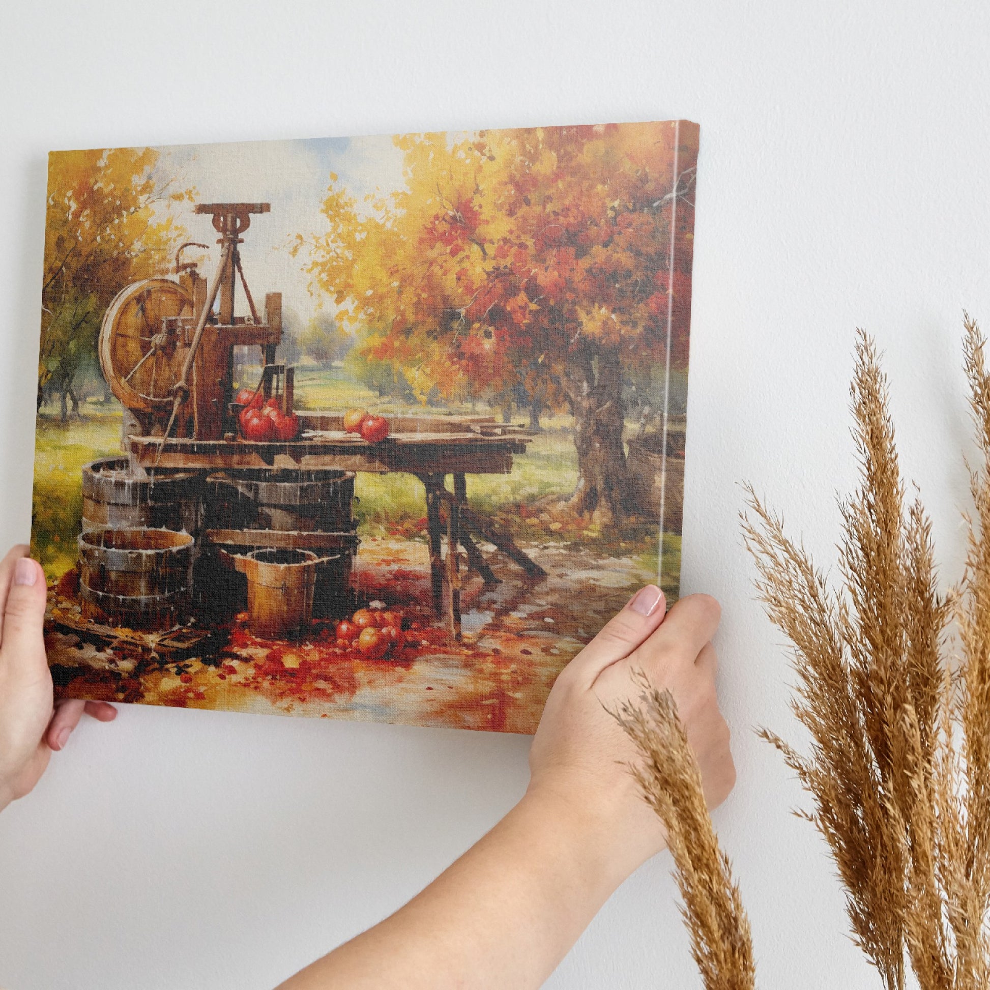 Framed canvas print of an autumn cider press scene with vibrant foliage and vintage farm elements