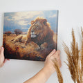 Framed canvas print of a majestic lion basking in the golden light of the African savannah