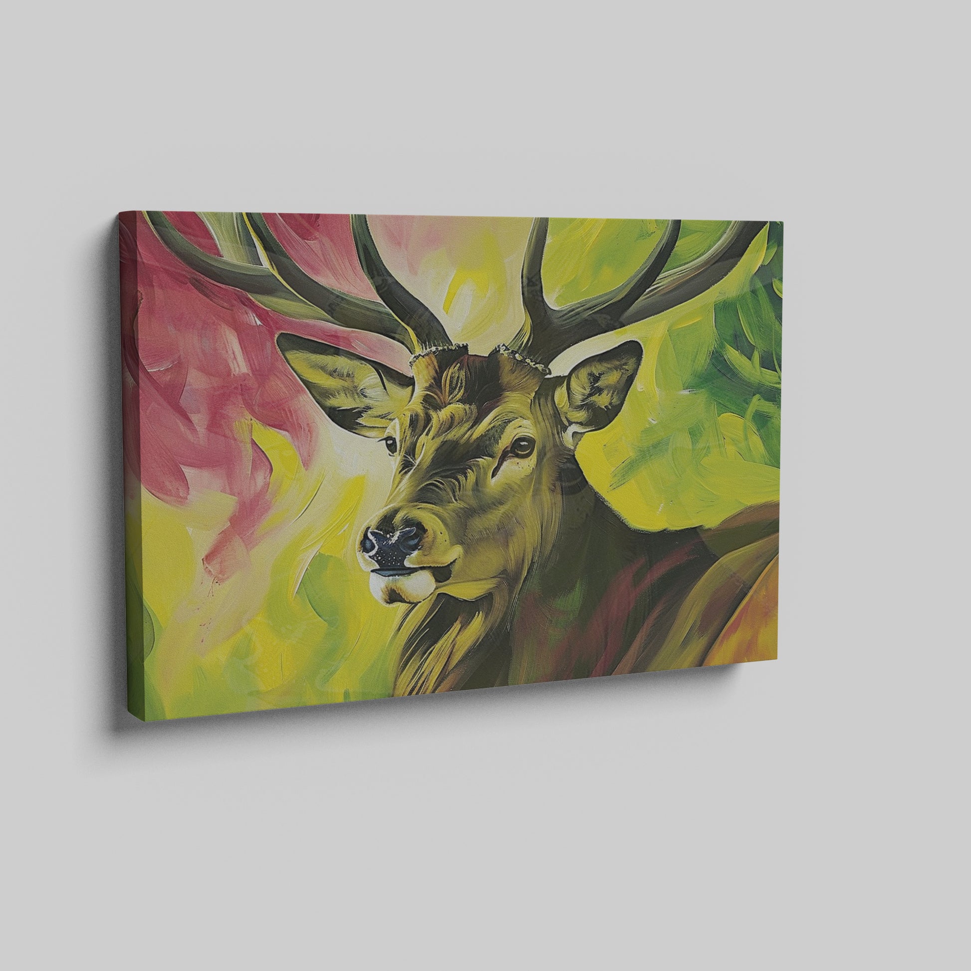 Framed canvas print of a vibrant stag painting with a multicoloured background