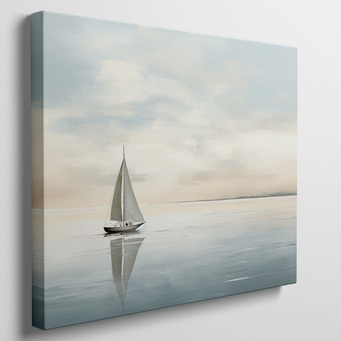 Framed canvas print of a tranquil sailboat at dawn with soft colors and serene seascape