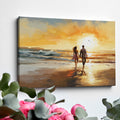 Framed canvas print of romantic couple silhouetted against a vibrant beach sunset