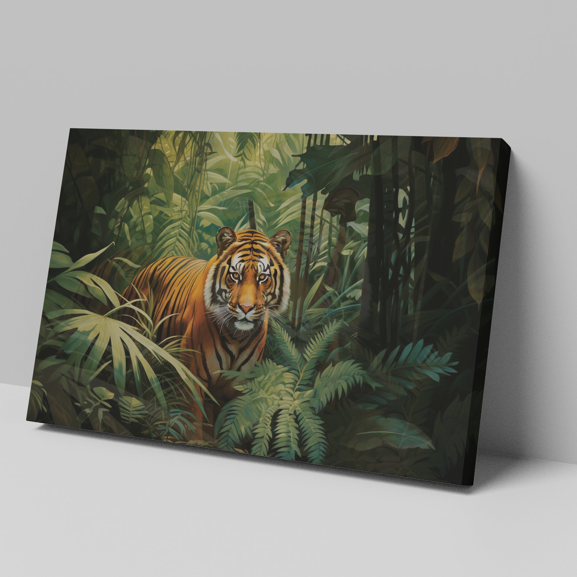 Framed canvas print of a majestic tiger amidst vibrant green tropical foliage