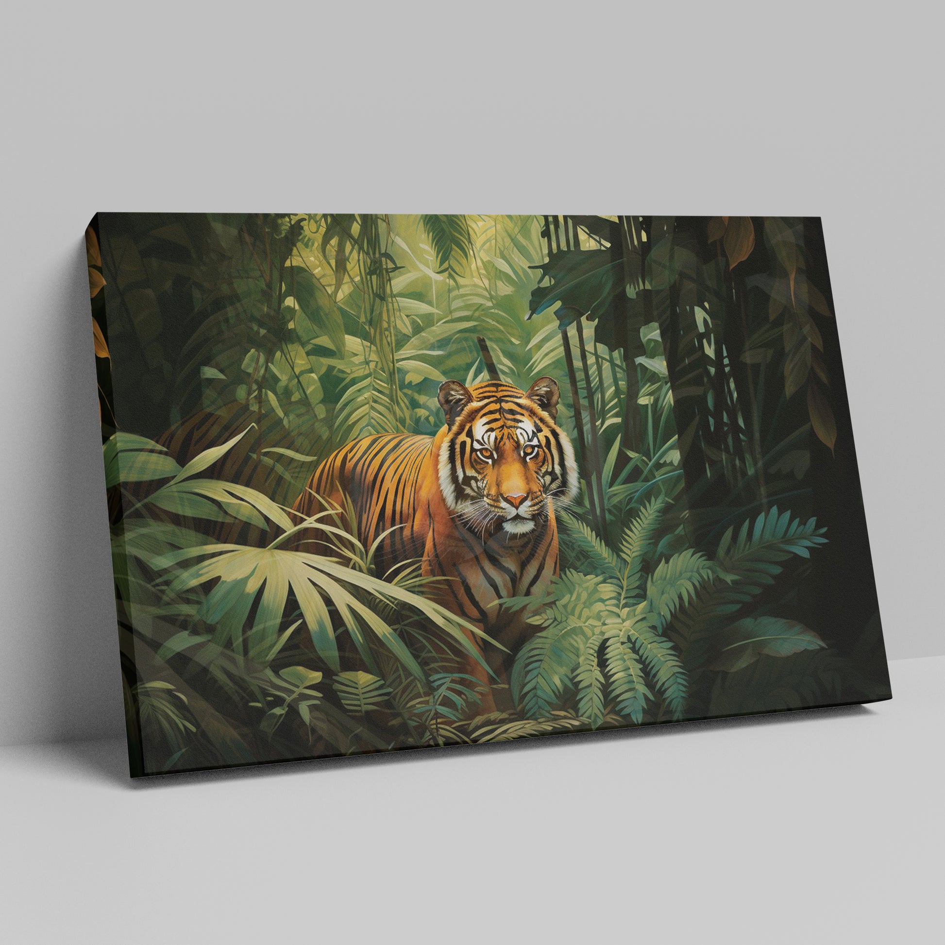 Framed canvas print of a majestic tiger amidst vibrant green tropical foliage