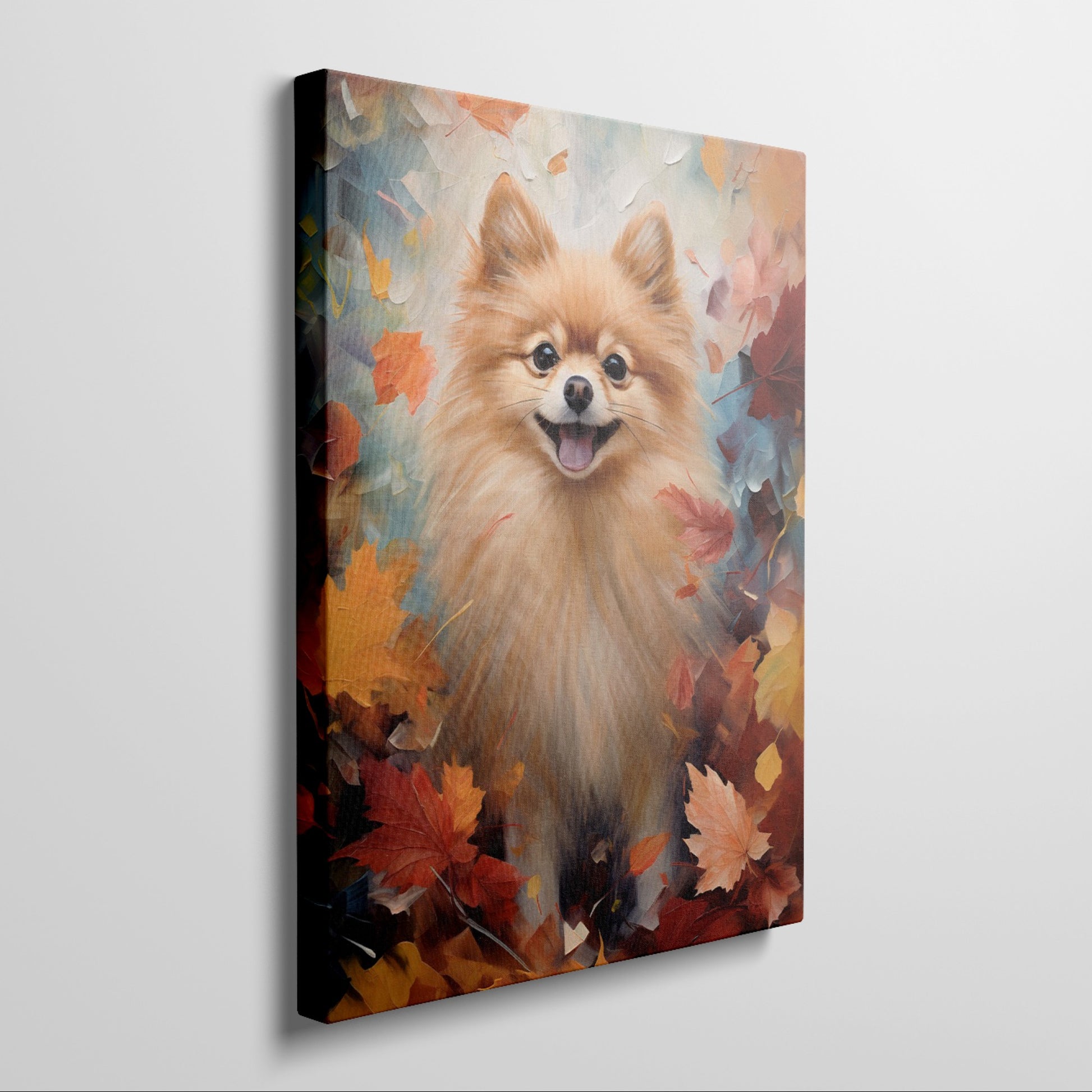 Framed canvas print of a cheerful Pomeranian amidst a vibrant display of autumn leaves