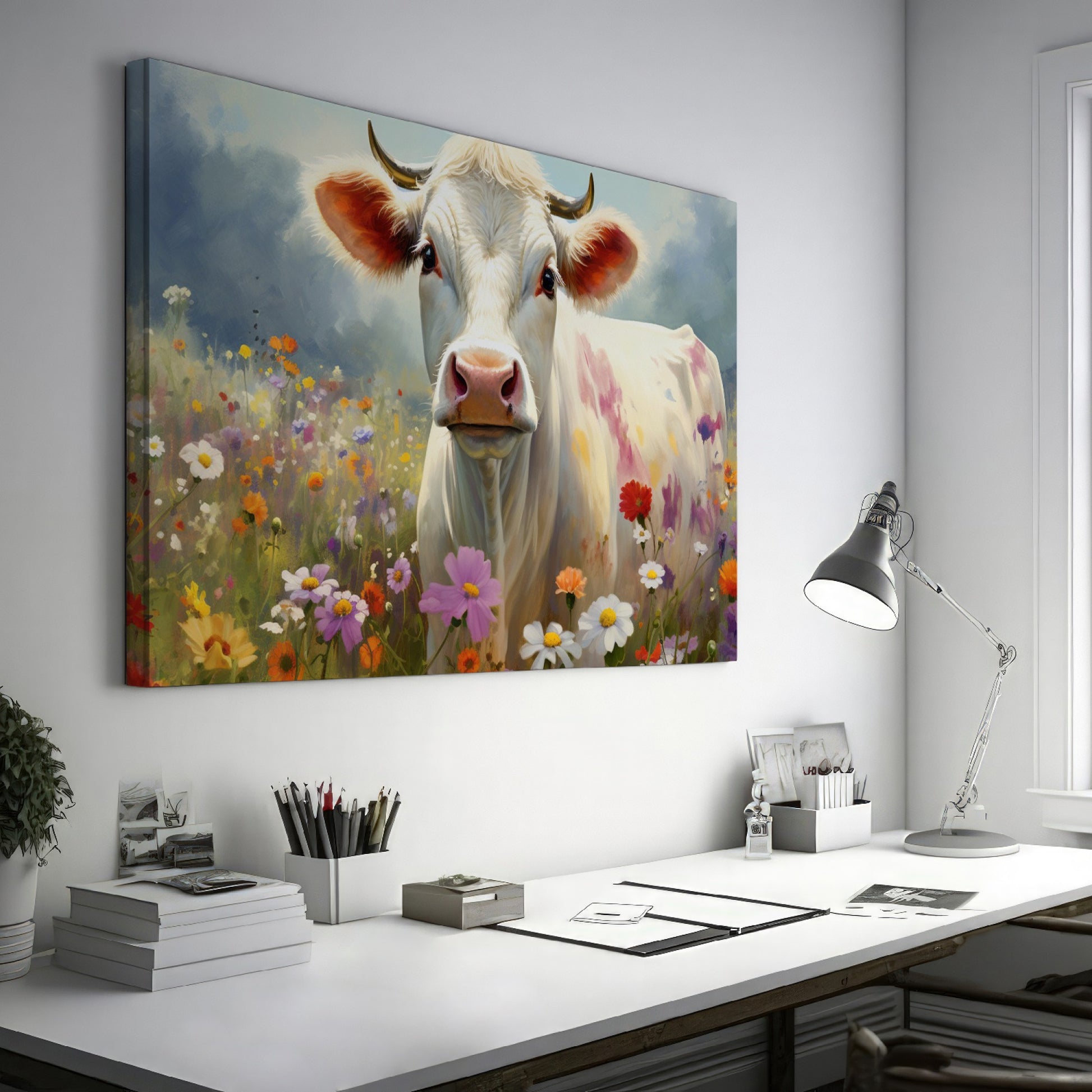 Framed canvas print of a realistic cow in a colourful meadow with wildflowers