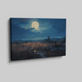 Framed canvas print of a moonlit rustic meadow with a full moon, golden tones and blue hues