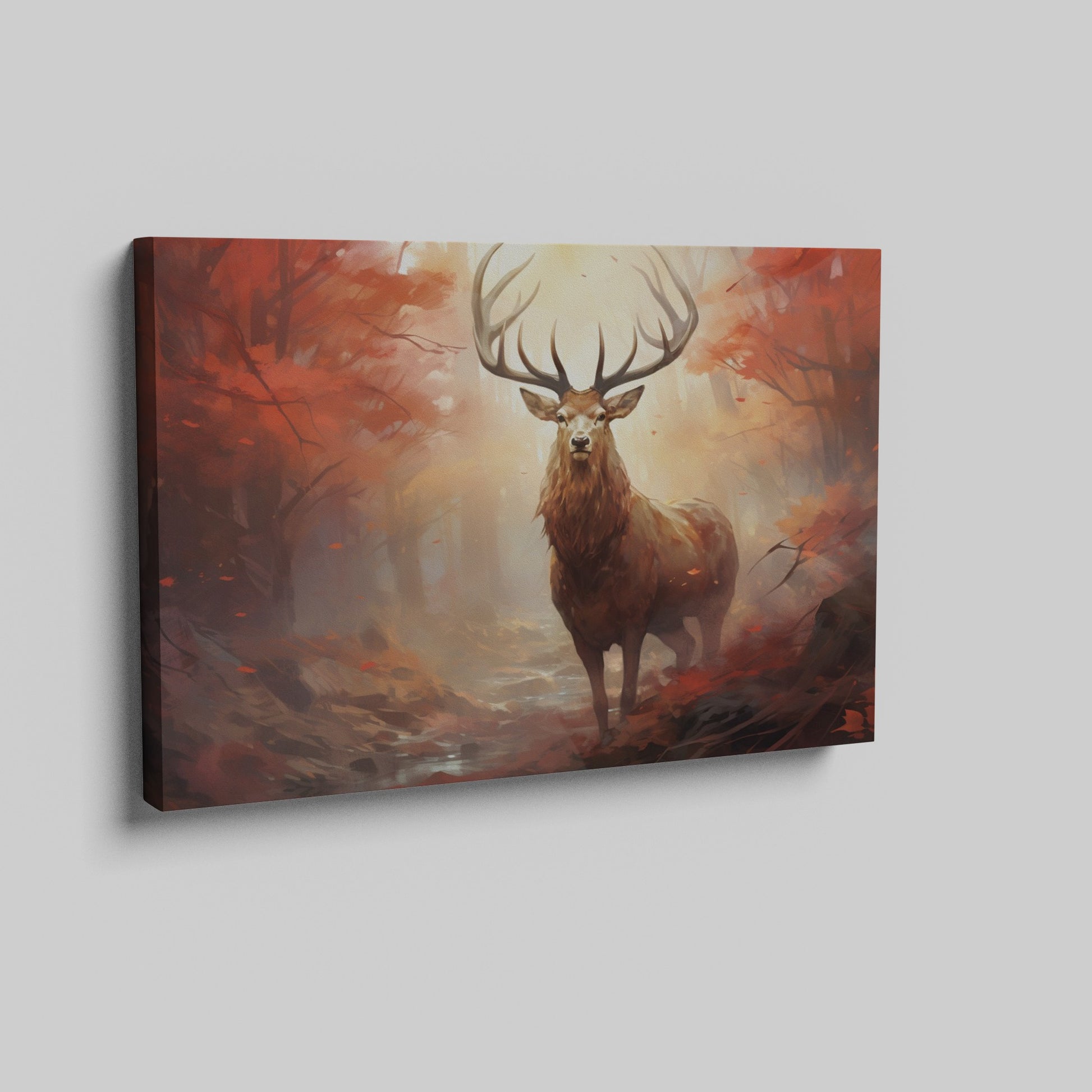 Framed canvas print of a majestic stag in an autumnal forest with red leaves