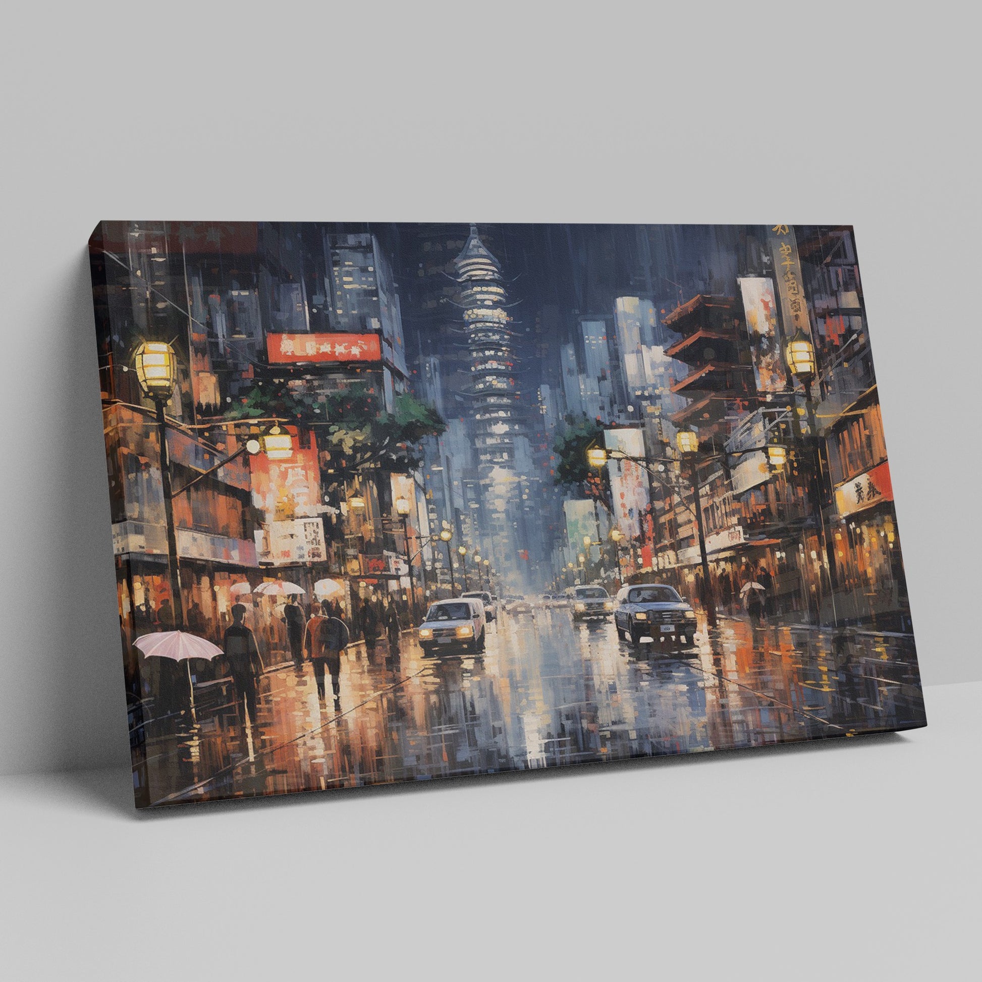 Framed canvas print of an urban street scene with illuminated pagoda and glistening rain-covered streets at night