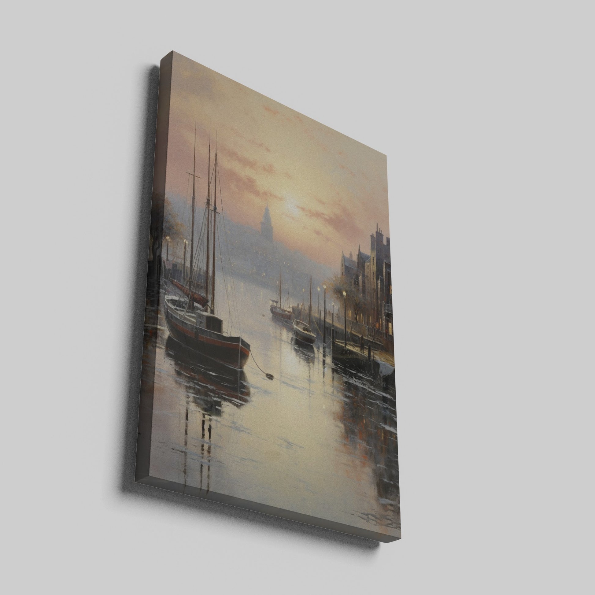 Framed canvas print of serene harbour with sunset, reflective water and sailing boats