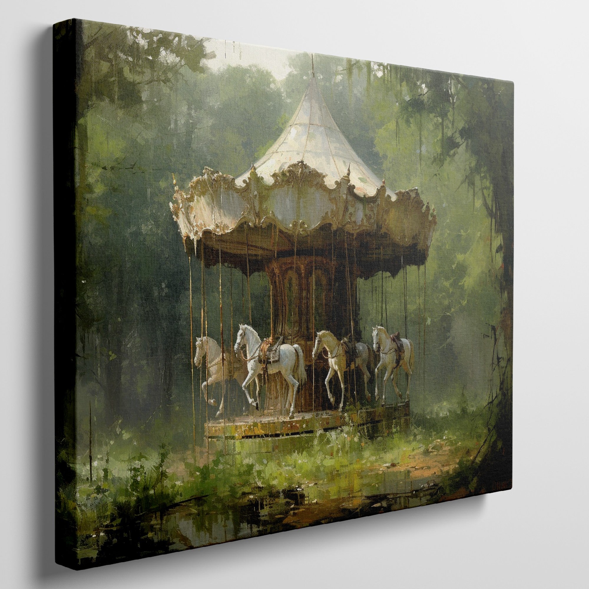 Framed canvas print of a vintage carousel in an enchanting forest setting with rich greenery and soft lighting