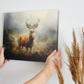 Framed canvas print of an impressionist painting of a stag in a misty autumn forest