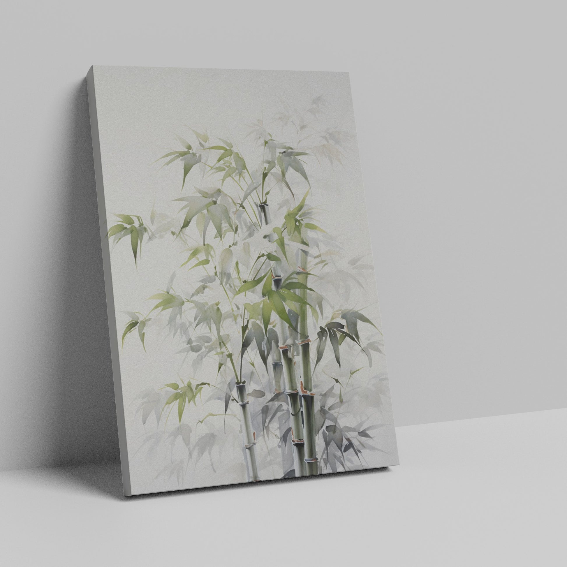 Framed canvas print of serene bamboo and leaves in a natural, soothing green and white palette