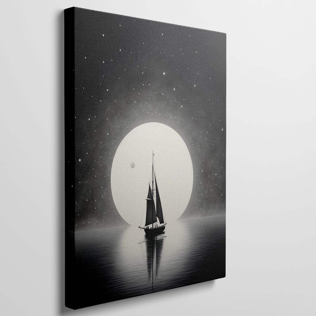 Framed canvas print of a sailboat silhouette against a large moon and starry sky in monochrome tones