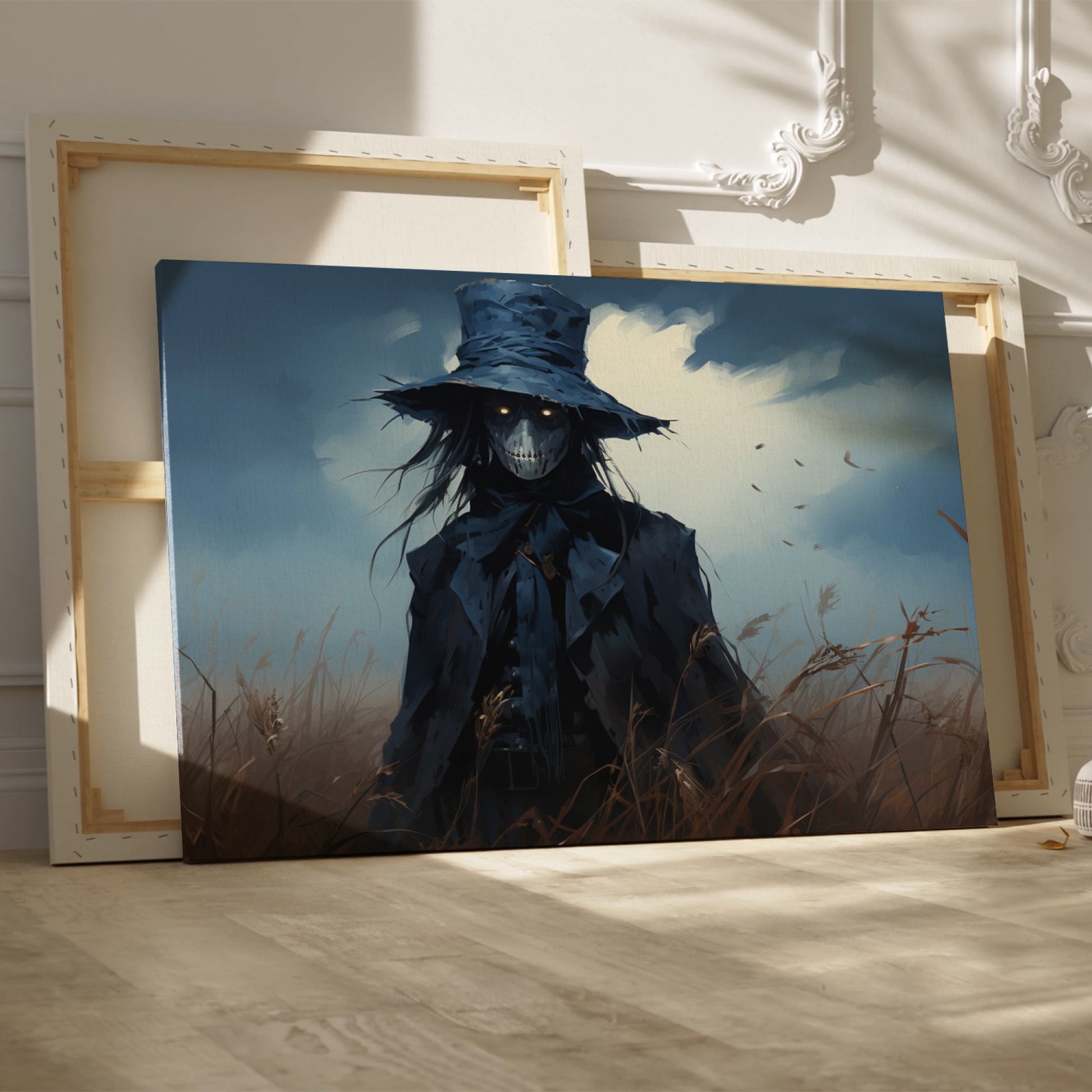 Framed canvas print of a dark fantasy scarecrow in a desolate field, under a brooding sky