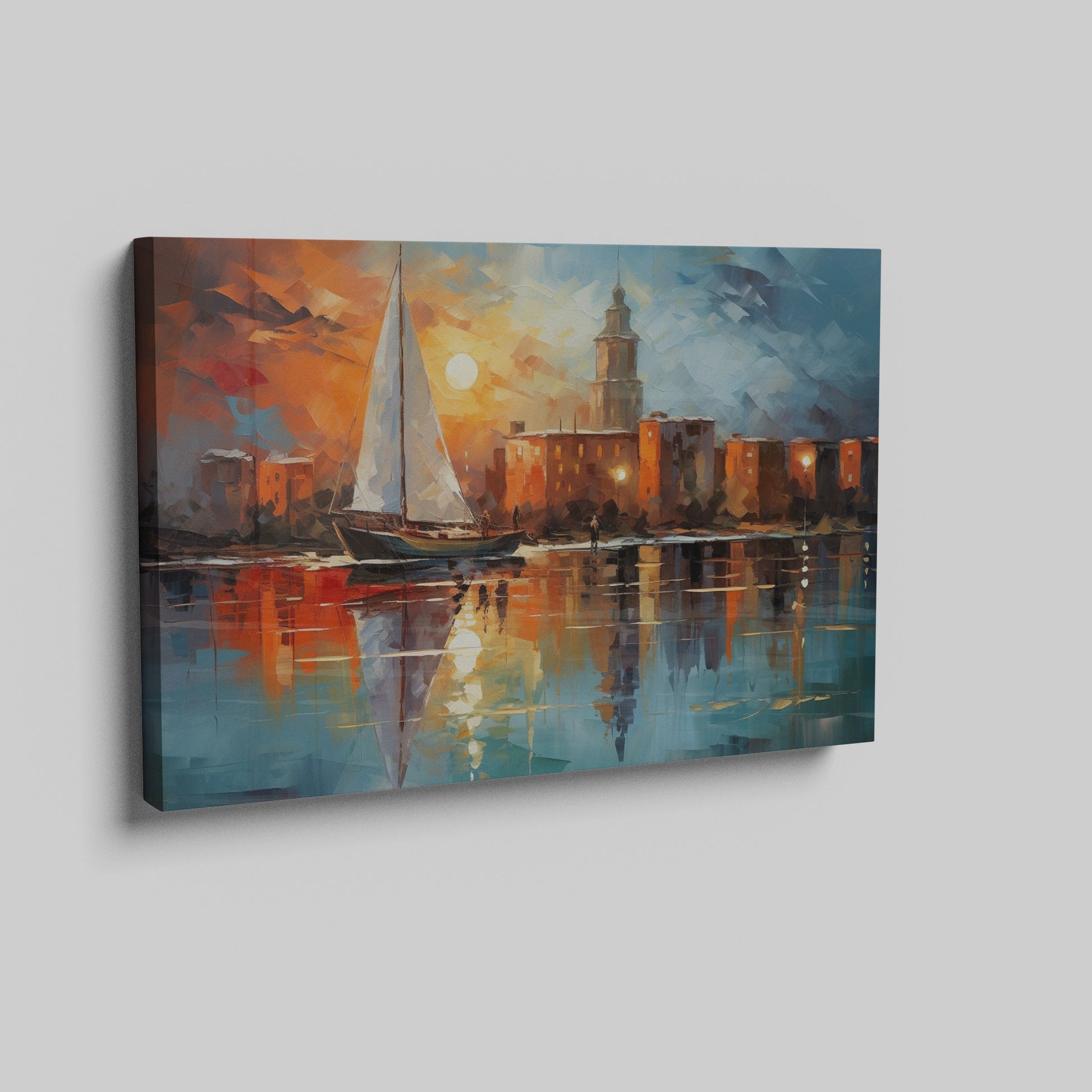 Framed canvas print of an abstract impressionistic sunset marina with a sailing boat and city silhouette