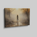 Framed canvas print of a mystical autumnal pathway with a silhouette of a woman walking, surrounded by golden trees and a soft fog.