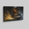 Framed canvas print of a mystical witch stirring a magical fiery brew in a gothic setting