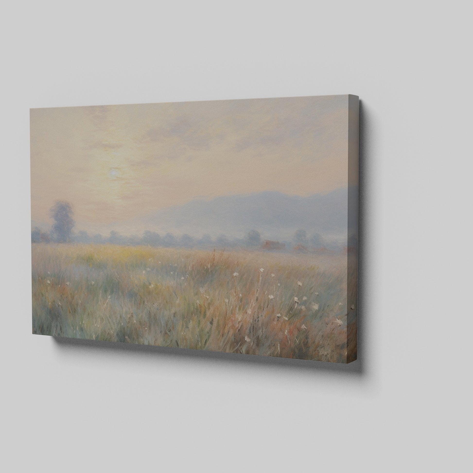 Framed canvas print of an impressionist painting with a sunrise over a tranquil countryside landscape