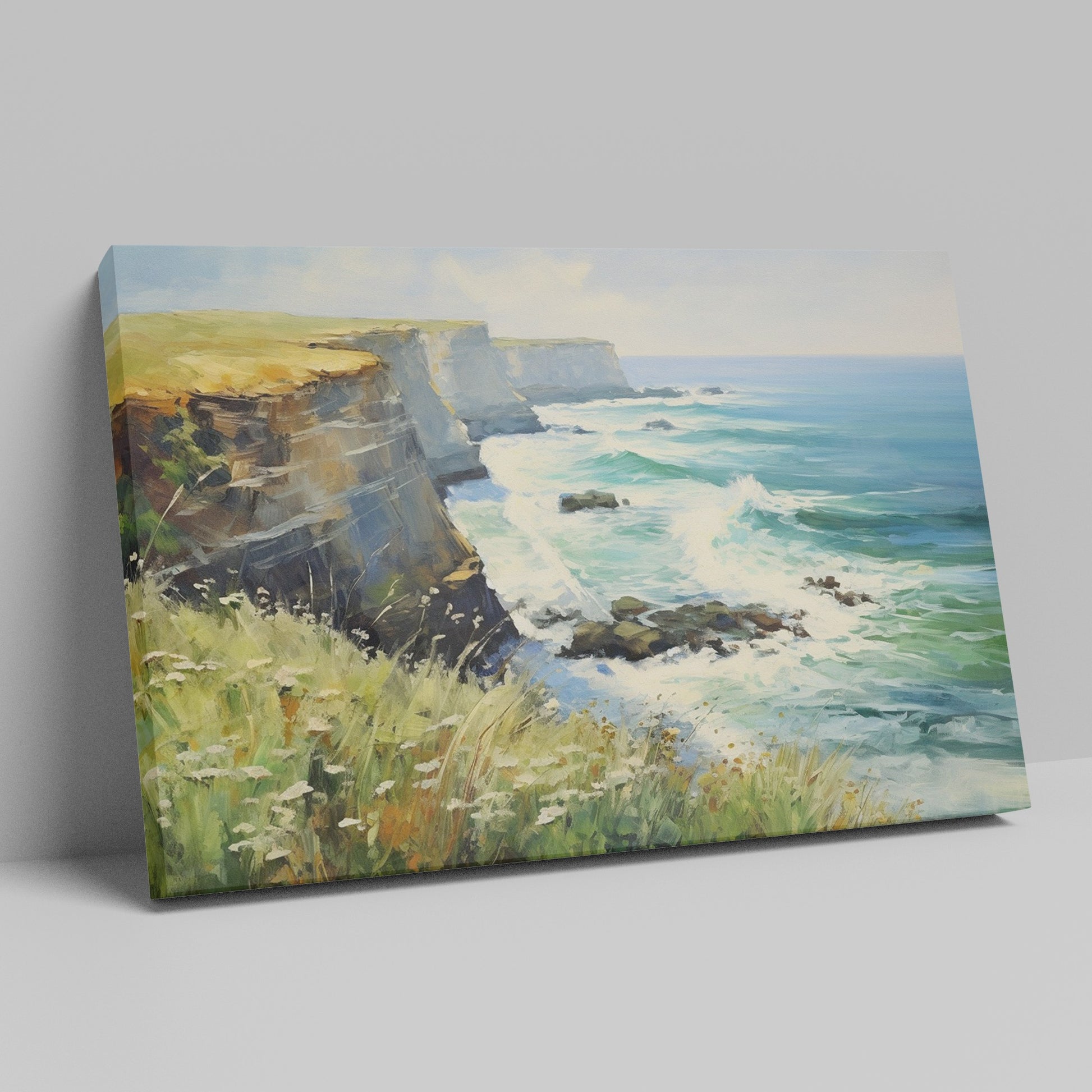 Framed canvas print of an impressionist seascape with cliffs and ocean