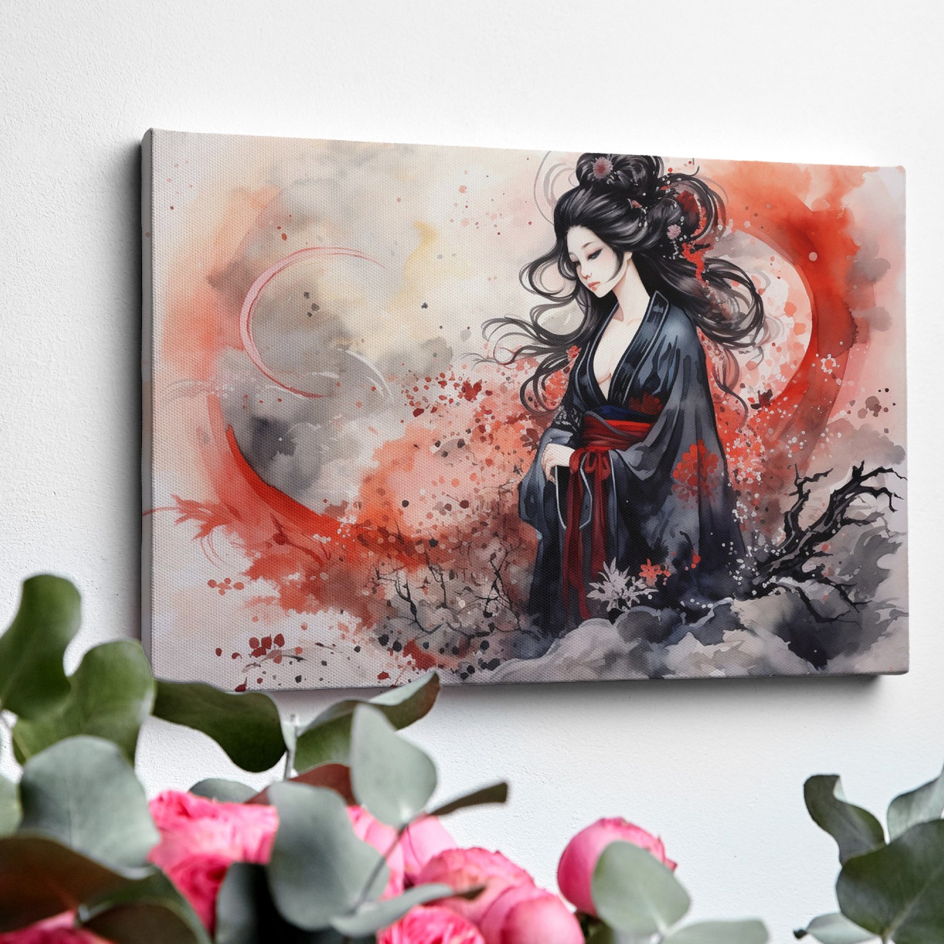 Framed canvas print of a traditional Japanese Geisha in watercolour with a misty backdrop of red and grey