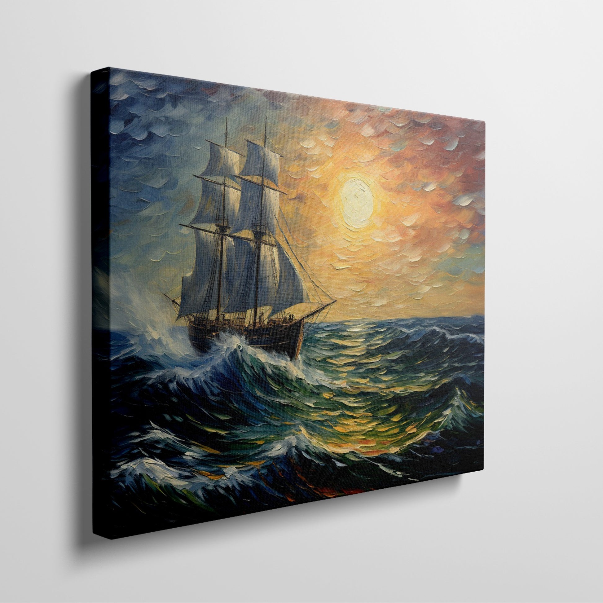 Framed canvas print of an impressionist painting featuring a sailing ship on vibrant sunset seas