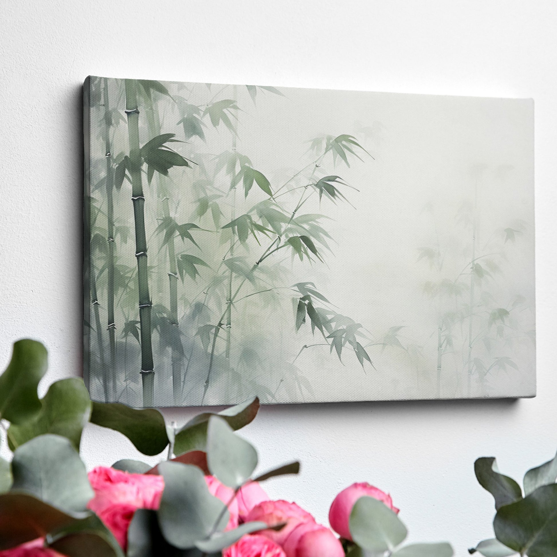 Framed canvas print of a misty bamboo forest in tranquil green and white tones