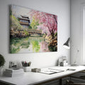 Watercolor painting of a Japanese garden with cherry blossoms, a pagoda, and a reflecting pond