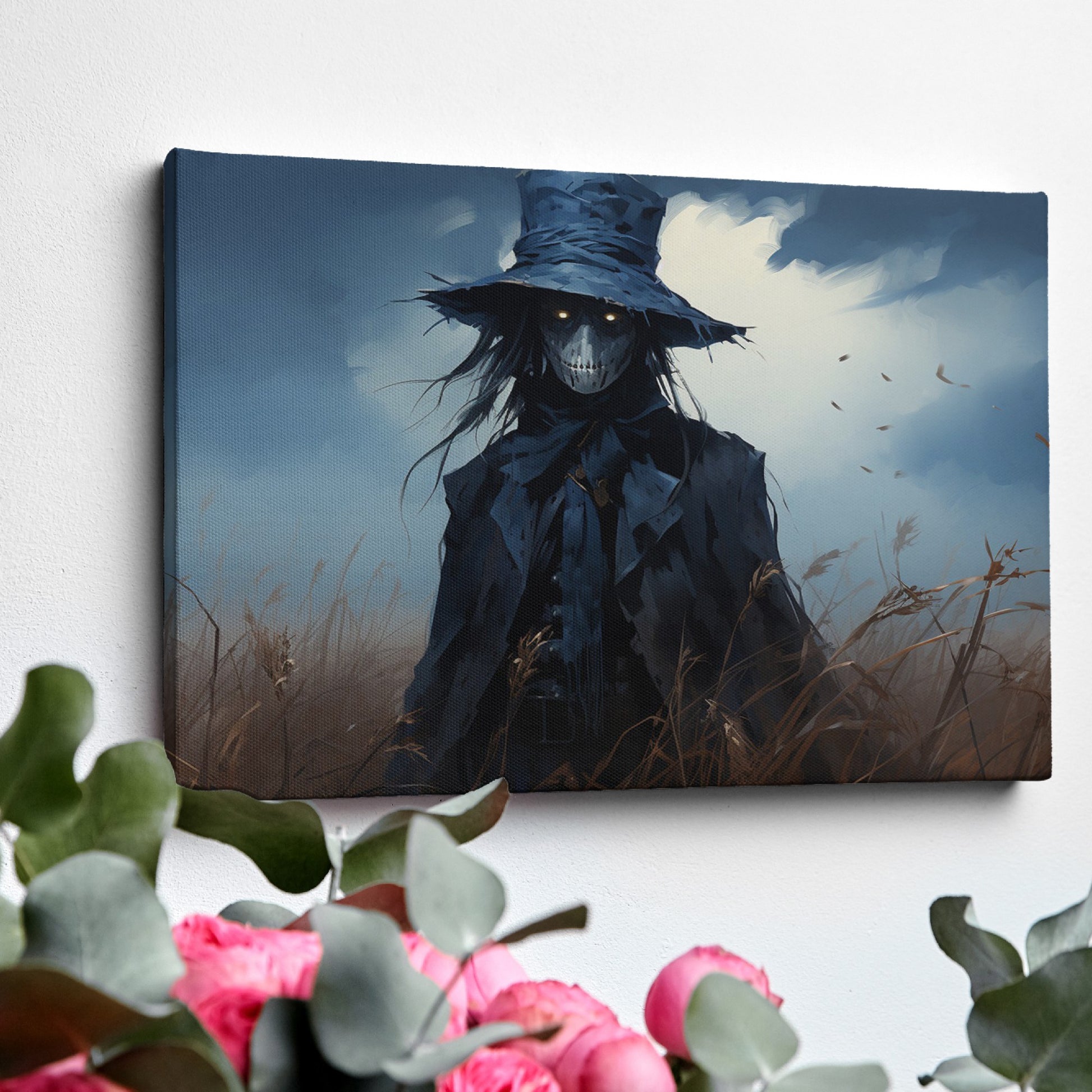 Framed canvas print of a dark fantasy scarecrow in a desolate field, under a brooding sky