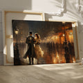 Framed canvas print of a Victorian couple on a romantic evening stroll on a rainy Paris street with warm glowing lights